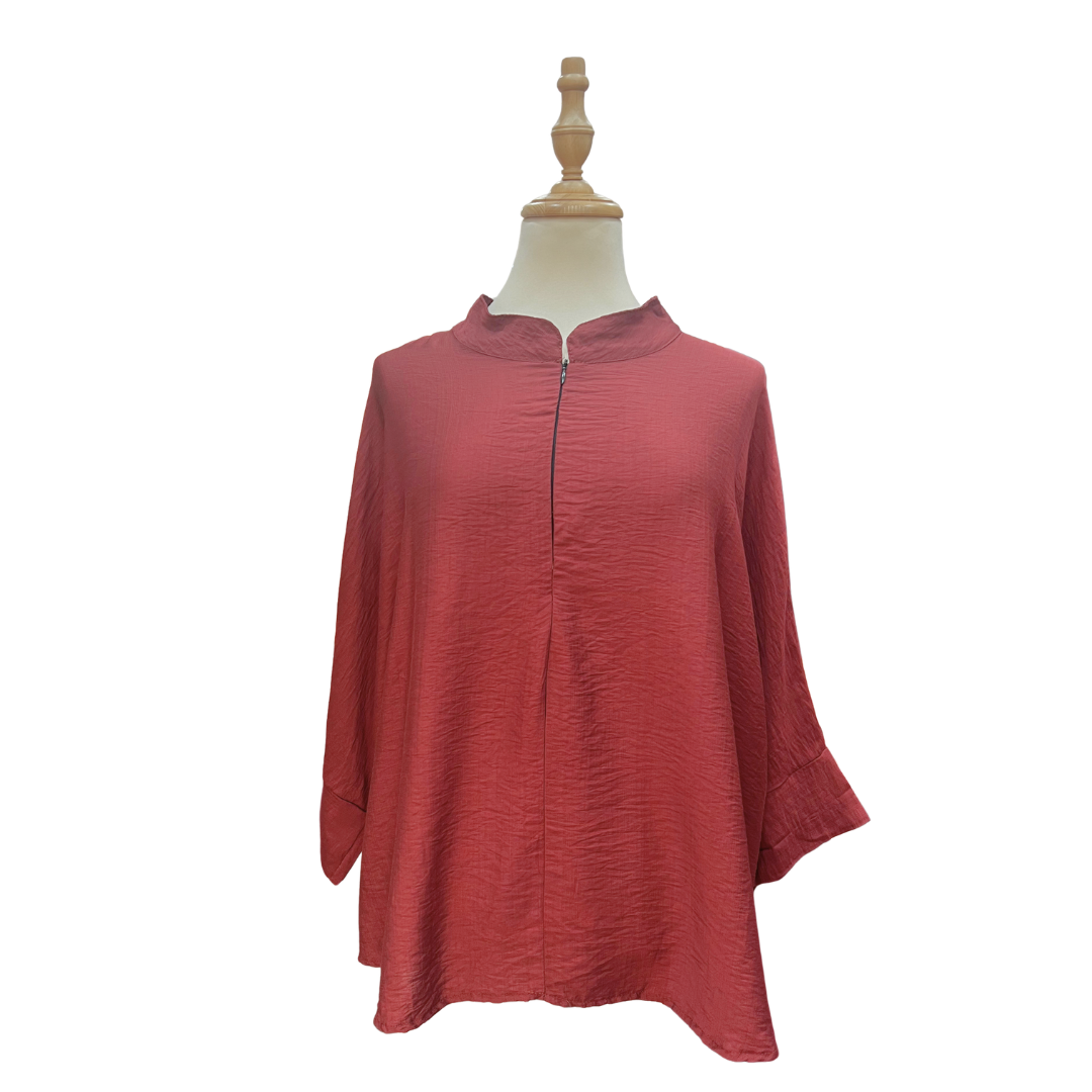 Lise Cotton Linen Zip Top - Maroon