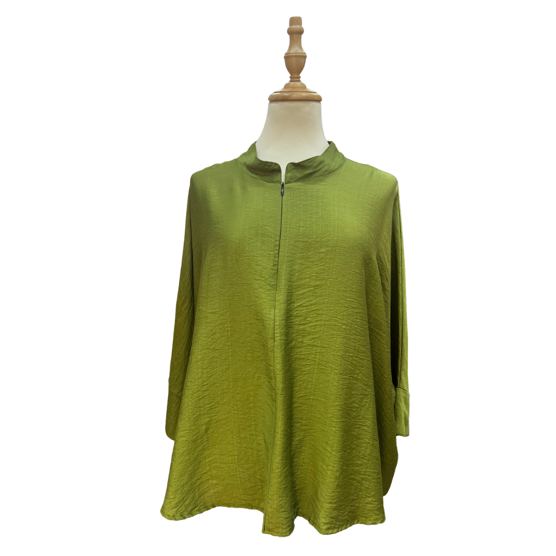 Lise Cotton Linen Zip Top - Moss Green