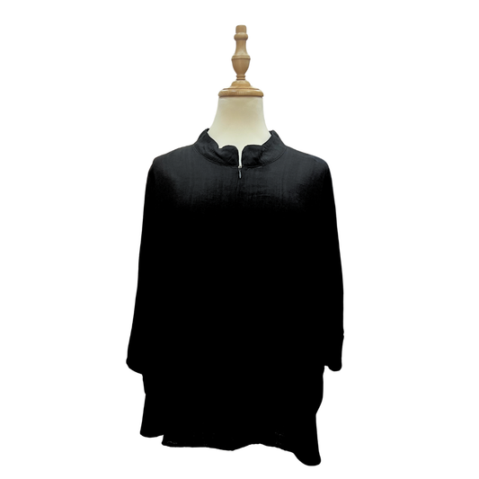 Lise Cotton Linen Zip Top - Black
