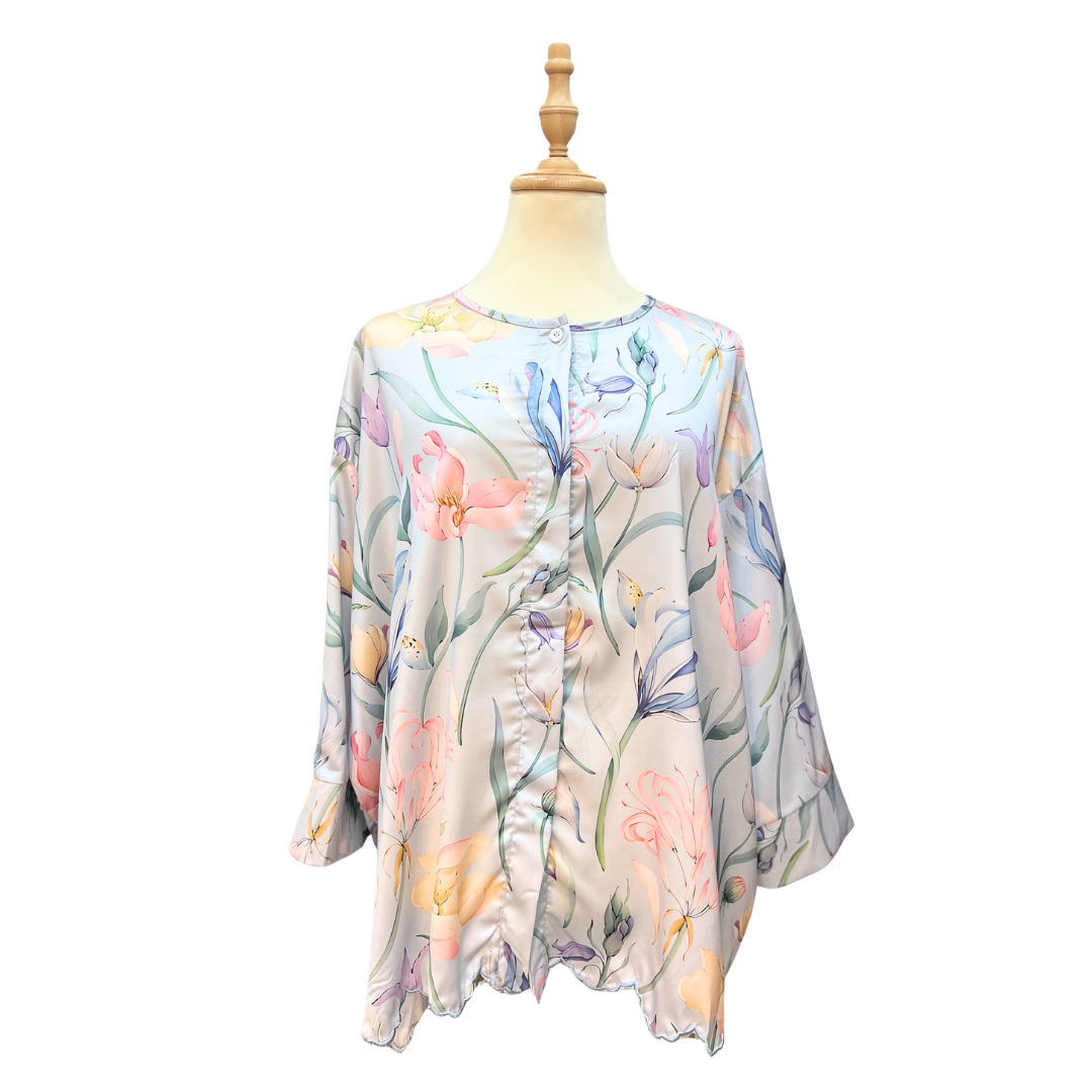 Satin Baggy Sulam Blouse - Cloud