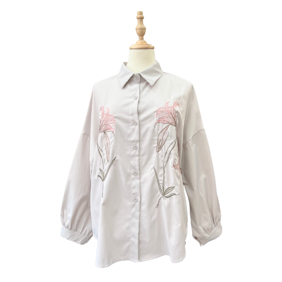 Lily Embroidery Plain Top - Oyster