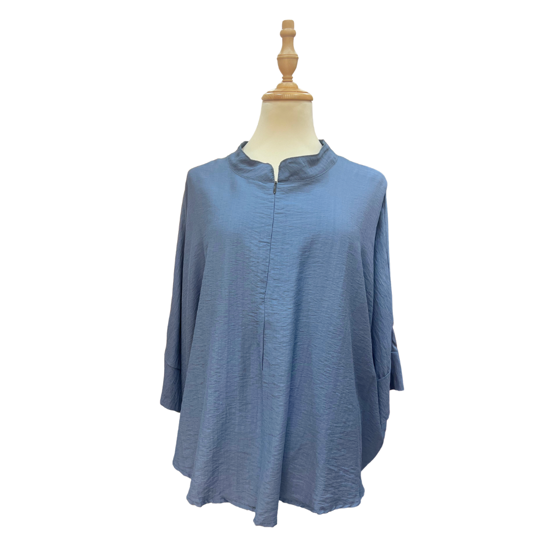 Lise Cotton Linen Zip Top - Denim Blue